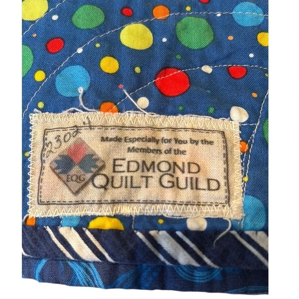 Edmond Quilt Guild Blue Patchwork Polka Dot Reversible Handcrafted Quilt Vintage